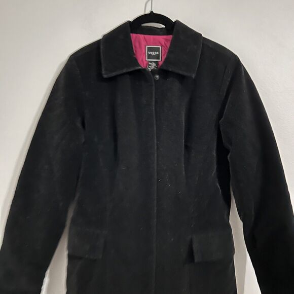 Guess Jeans Black Velvet Coat Sparkly Size S Vintage Hidden Button Minimalistic - Picture 2 of 13